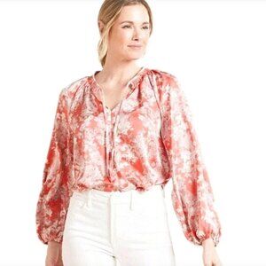 Evereve Keira Coral Pink Floral Smocked Neck Satin Blouse | Size Large